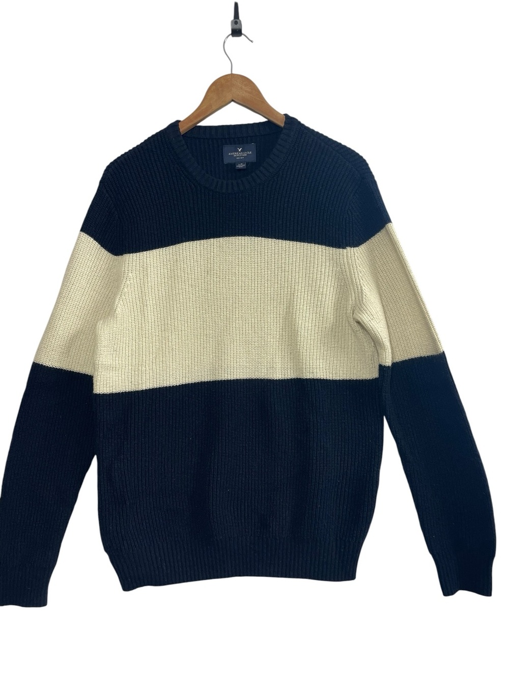American Eagle Navy Cream Colorblock Ribbed Knit Crewneck Sweater Size L